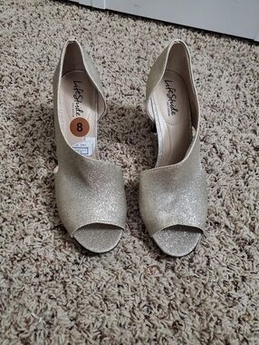 Life Stride Women's Glitter Gold Peep-Toe D'Orsay Heels Size 8